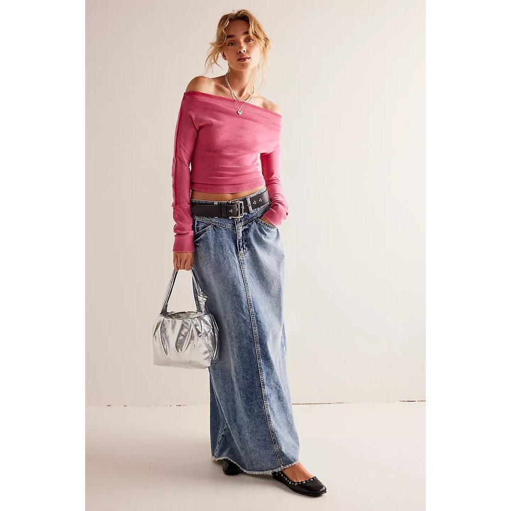 We The Free People Come As You Are Denim Jean Maxi Skirt Blue Frayed Boho 6 - Picture 6 of 16